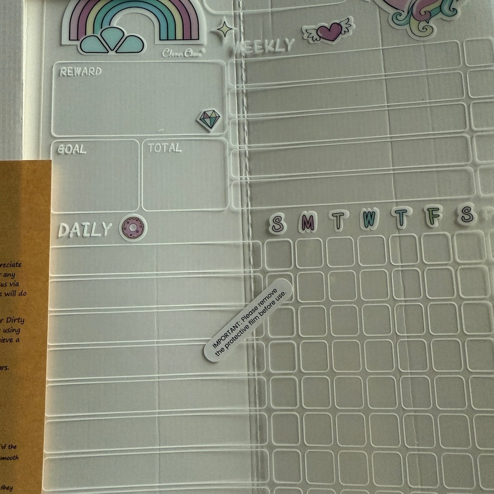 Weekly Planner- Rainbow and Unicorn Stickers- transparent dry erase chore chart